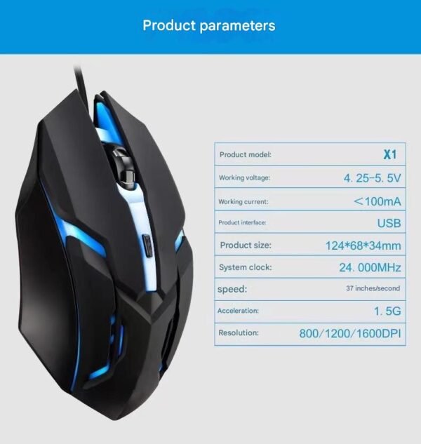 Popular seven-color breathing light USB mouse X1 wired light-emitting mouse gaming equipment PCMOUSE-002
